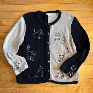 Vintage Cat Embroidered Y2K 2000s Cotton Blend Knit Cardigan Sweater, Women’s XL